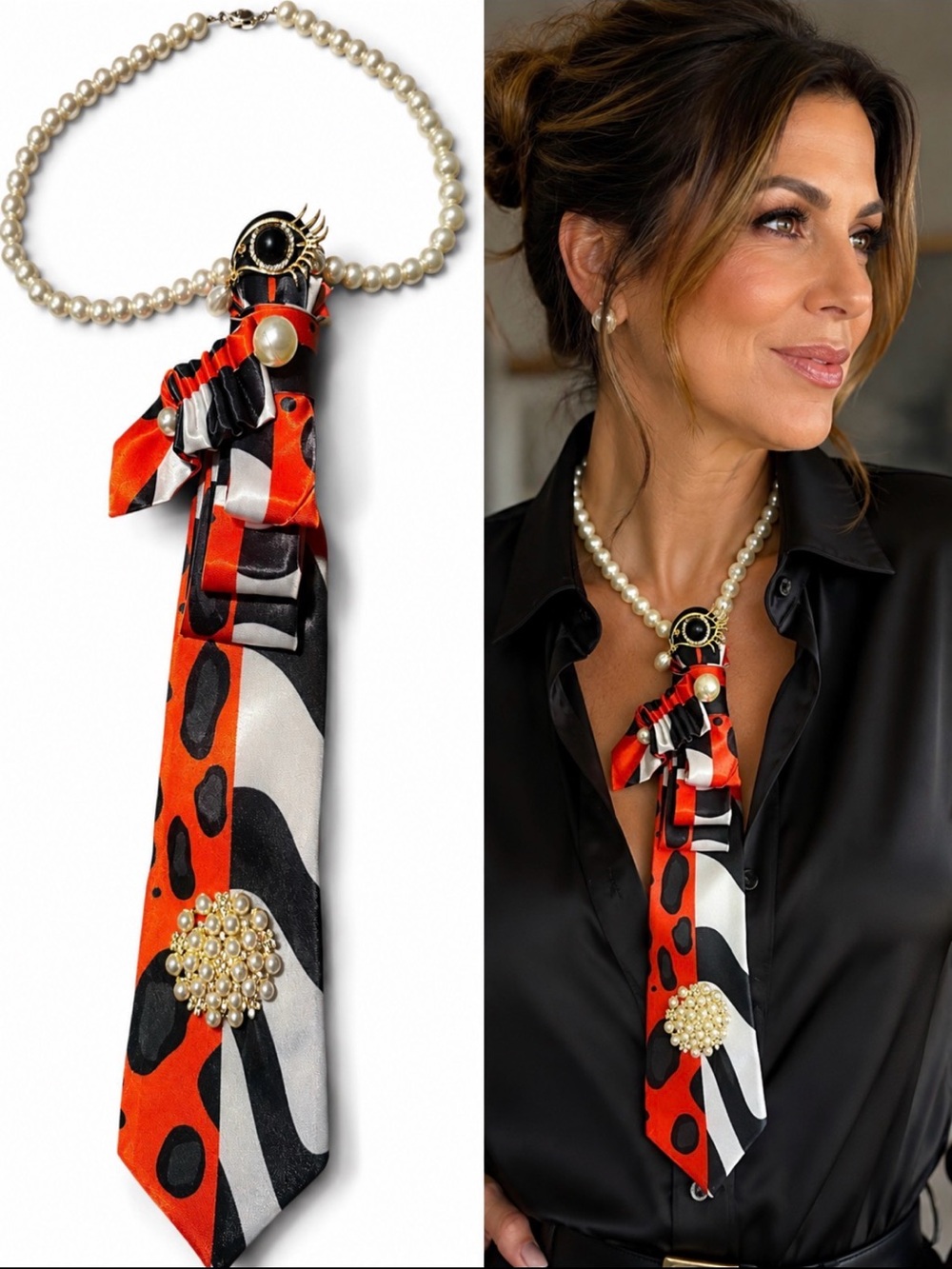 Unique Necklace Necktie. Pearl necklace and brooch embellishment. Wearable Art!